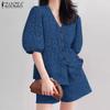 ZANZEA Women Summer V-Neck Bubble Short Sleeve Shirt Pocket Shorts Two Piece Suit Sets