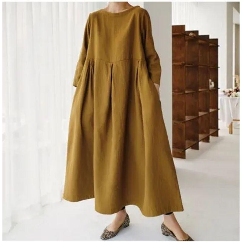 

2025 Loose Plus size Women Chubby Girl Korean Style Cotton and Linen round Neck Pullover Solid over the Knee Dress Large Swing Skirt Turmeric L