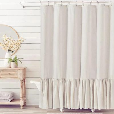 Rideau de douche uni en coton lin avec 12 crochets Imperméable Floral Volant Bord à volants Froufrous Ourlet festonné Décor Salle de bain Toilettes