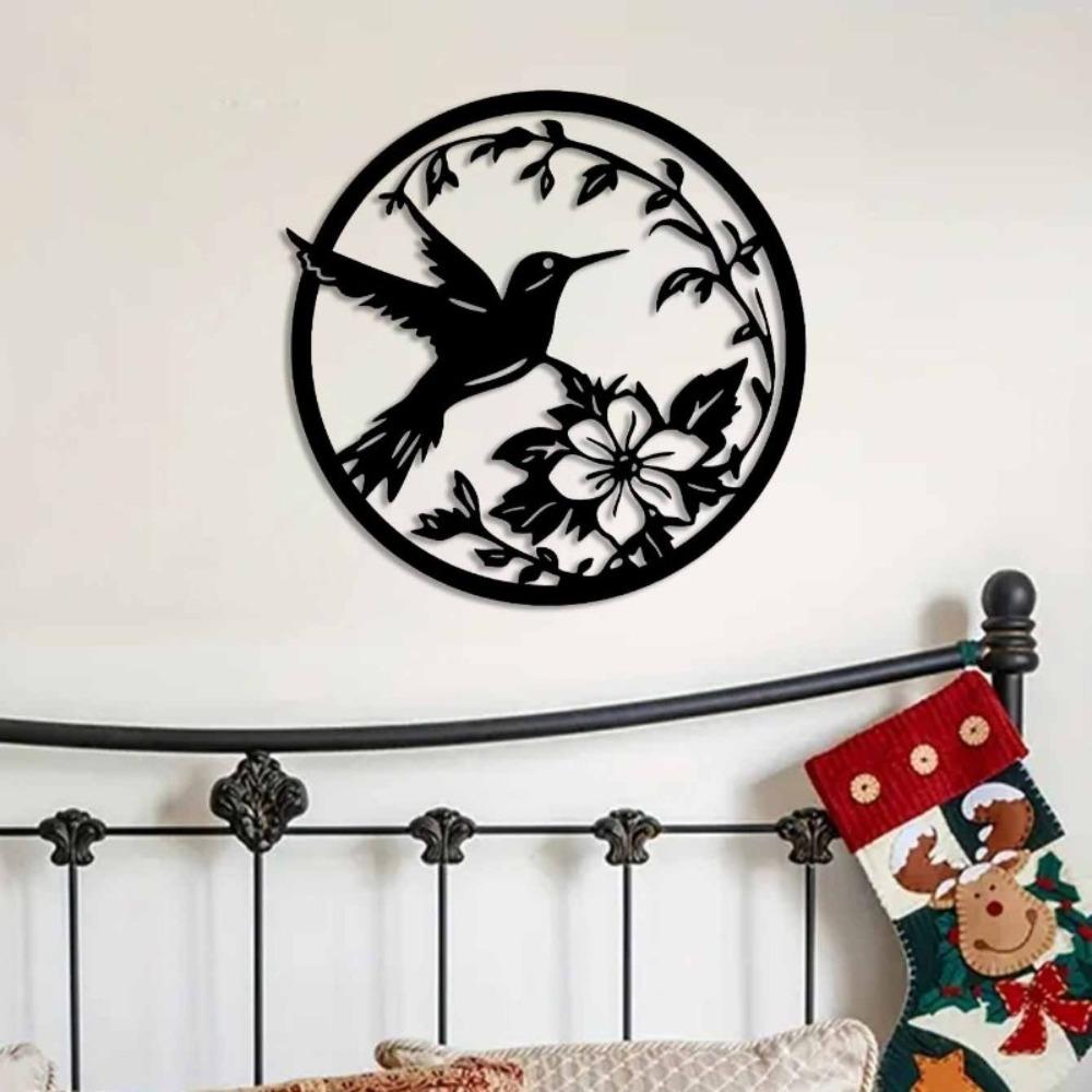 1pc 40cm 15.75inch Abstract Hummingbird Flowers Wrought Iron Wall Sculpture, Rustic Bohemian Hanging Decor for Living Room Bedroom
