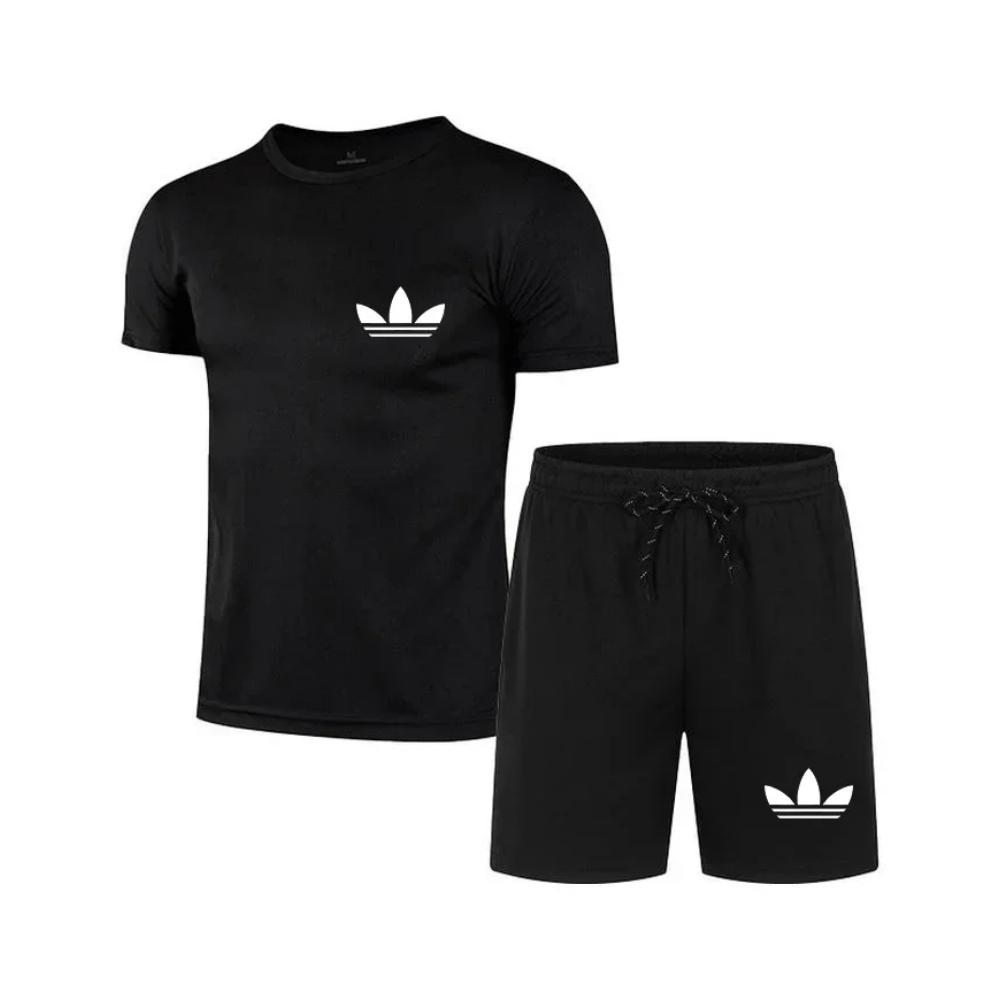 Men s summer new fashion casual outdoor jogging sportswear+shorts set S чёрный
