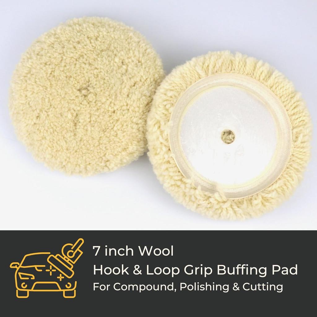 Woolous Wool Buffing Pad, 7 Inch 100% Natural Lambswool Polishing Pad Bonnet Hook And Loop For Car And Boat Polishing, Cutting And Detailing