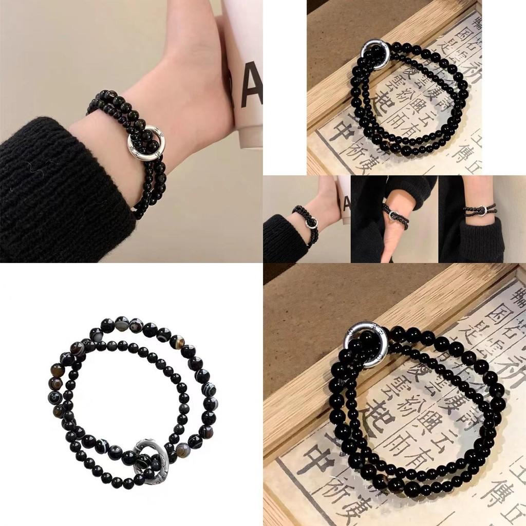 Stylish Double Circle Bracelet Black Beads For Men And Women Trendy Retro Design
