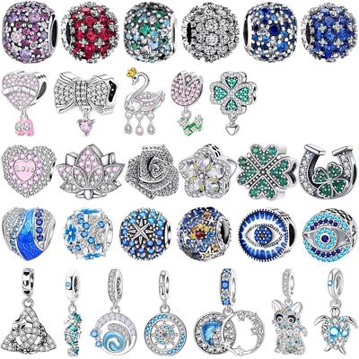 Copper Full Diamond Charms Colorful Heart Blooming Rose Round Beads Pendant Fit Original Bracelets Necklace Jewelry