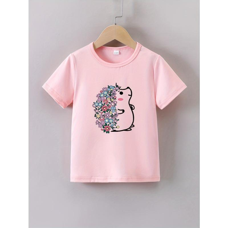 Letnie Różowe Ubranka dla Niemowląt Dziewczynek Dziecięce Codzienne T-shirty z Nadrukiem Kreskówkowym Kwiatem Jeża Dzieci Okrągły Dekolt Krótki Rękaw Top
