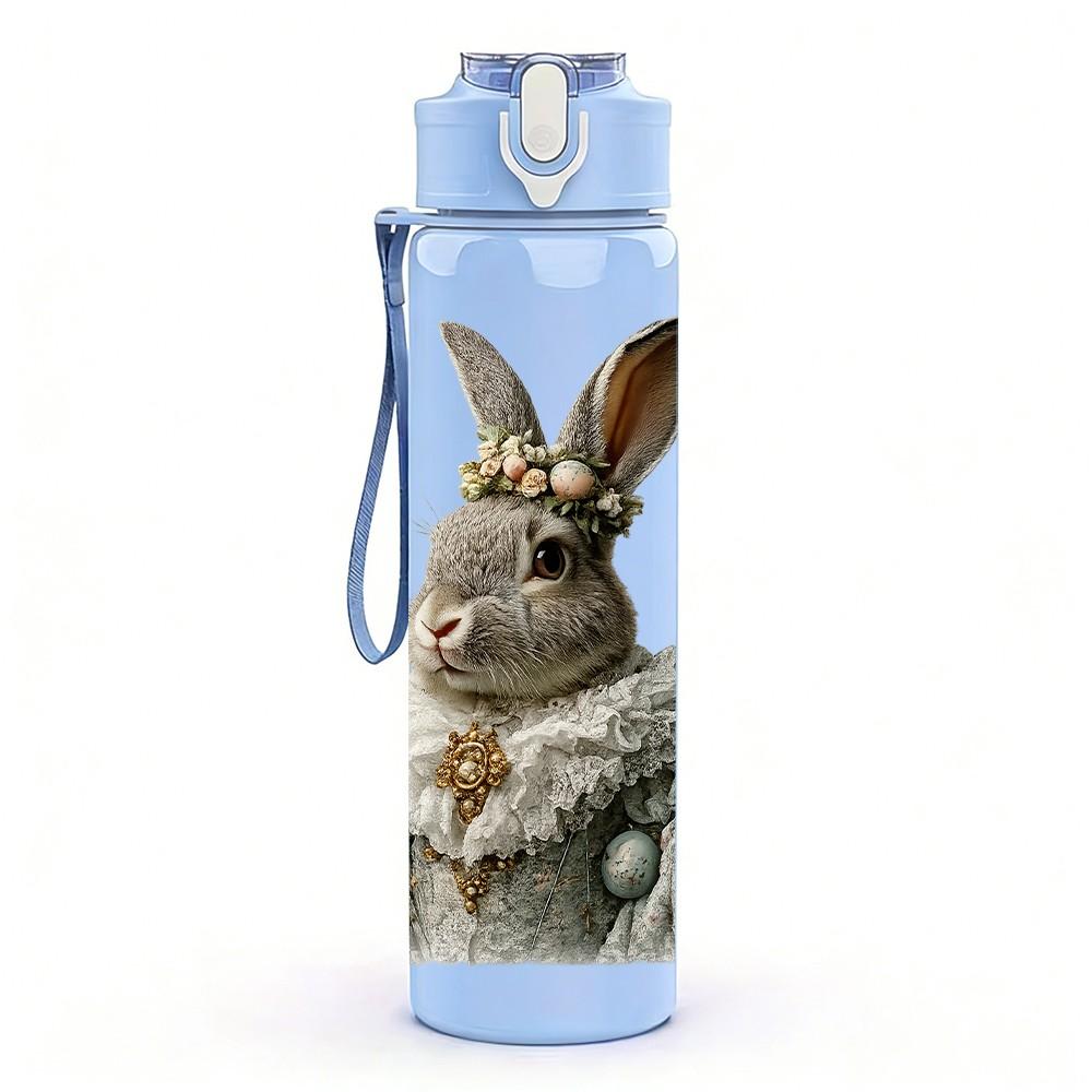 1PC Rabbit With Crown Vintage Print 750ml Color Plastic Sports Water Bottle Leakproof Flip Straw Lid Suitable for Sports Office Home Use
