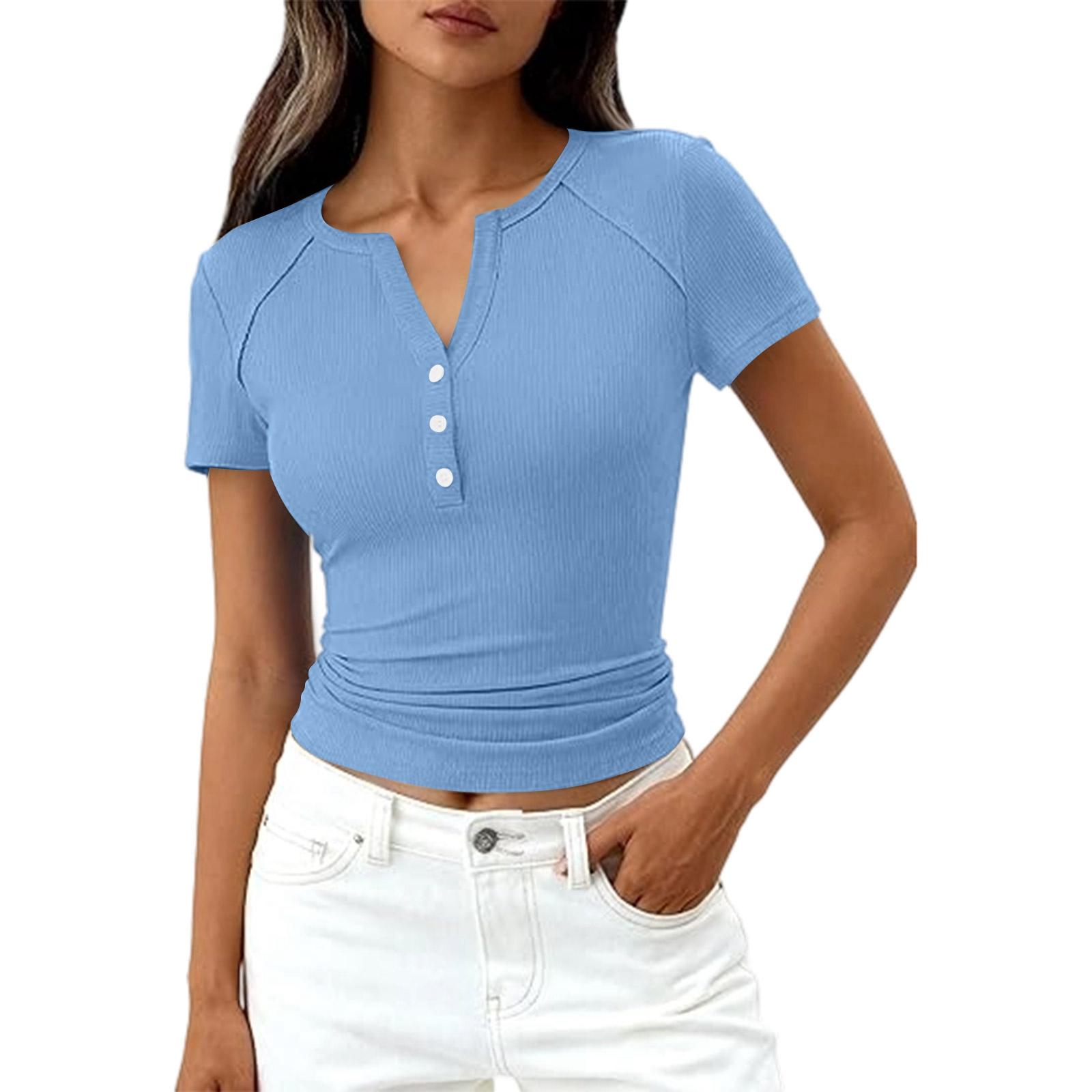 

Женская Модная Повседневная Цветная Новая Футболка Топ с Коротким Рукавом, Декоративной Пуговицей и V-образным Вырезом M синий