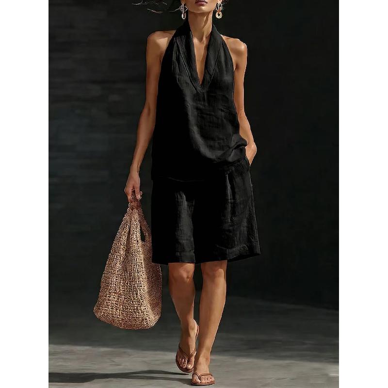 Women's V-neck Vest Shorts Holiday Casual Two-piece Set