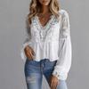 Elegant Lace Splice Hollow Out Fashion Blouse Women V Neck White Shirt Long Sleeve Sweet Casual Loose Tops Ladies Ruffled Pleated Simple Clothing