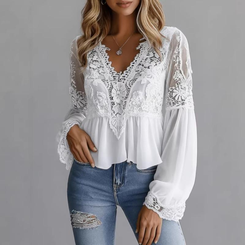 Elegant Lace Splice Hollow Out Fashion Blouse Women V Neck White Shirt Long Sleeve Sweet Casual Loose Tops Ladies Ruffled Pleated Simple Clothing