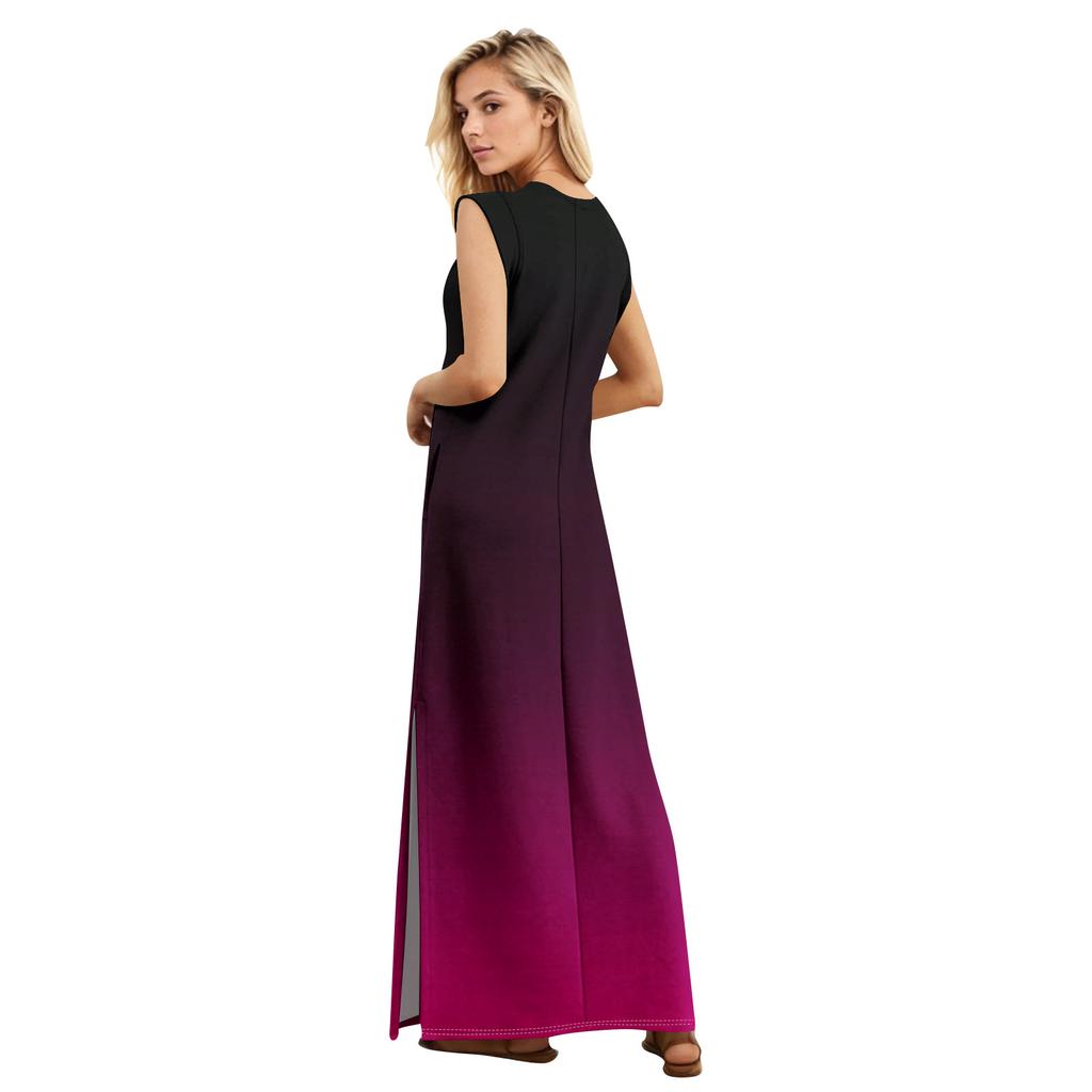Sommerkleider für Damen, Rundhalsausschnitt, lässig, lockerer Druck, geteilt, faltenfrei, langes Maxi-Strandkleid mit Taschen
