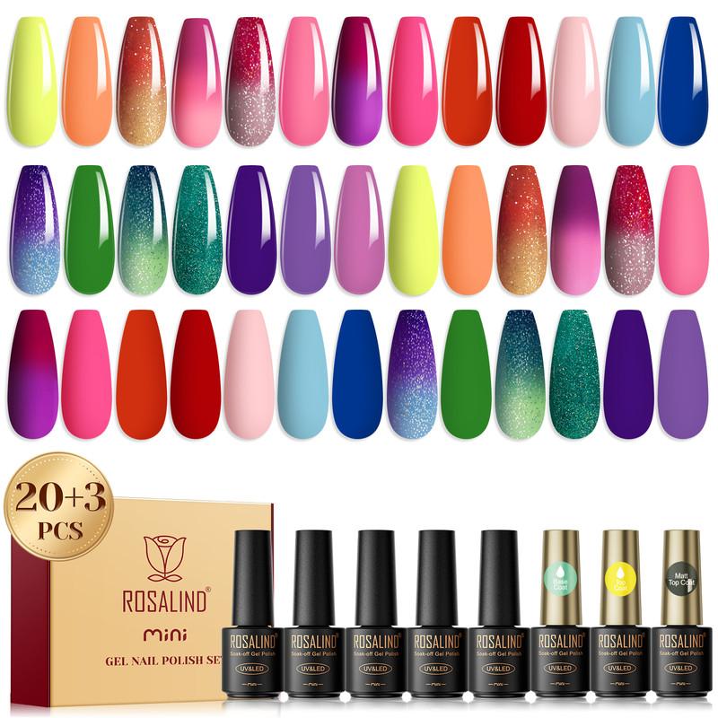 ROSALIND 23pcs Gel Nail Polish Set -Temperature Change Color Base Top Coat Soak Off Hybrid Semi Permanent Gel Varnishes Nail Art