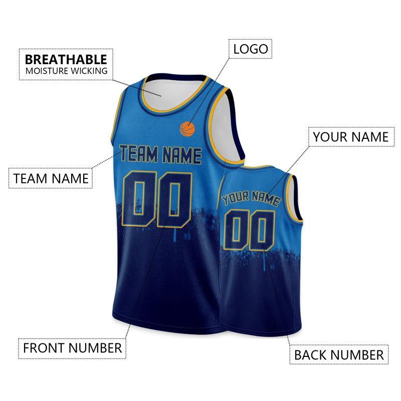 Individuelles Basketballtrikot Gold Marineblau Personalisiert Bedruckt Mit Eigenem Namen Nummer Logo Herren/Damen/Kinder Schnelltrocknend Ärmellose Shirts