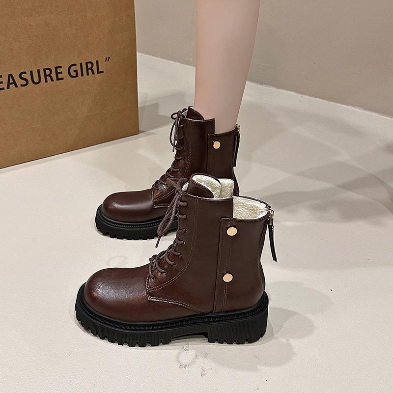 Platform Martin Boots Women's Shoes British Martin Boots 2025 Winter New Velvet Thermal Short Boots Large Size Leather Boots