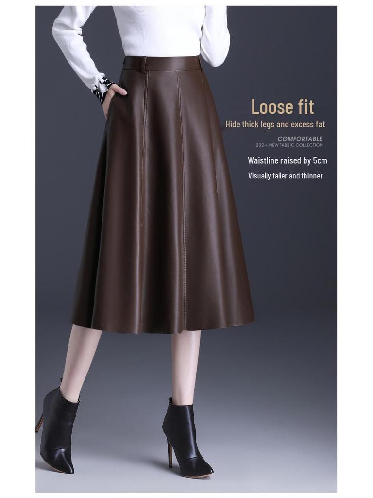 Women's High Waist Lambskin A-Line Midi Skirt - Autumn/Winter 2025 Trendy Leather Umbrella Skirt