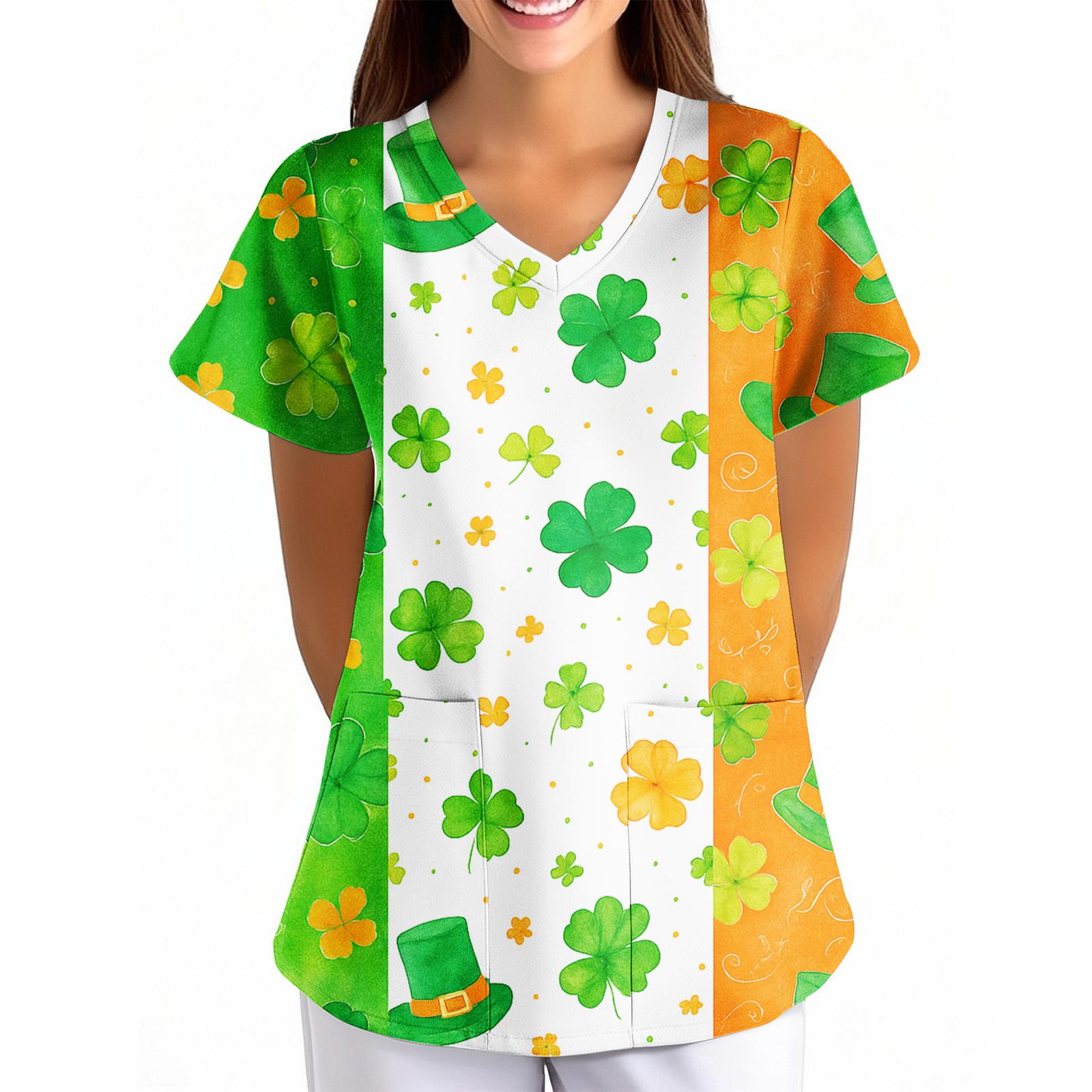 

Women s Printed Loose V-Neck Pocket Short-Sleeve Uniform XL