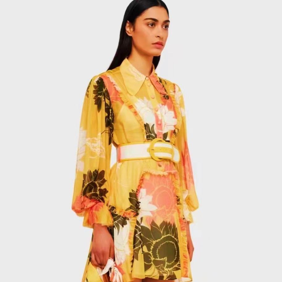 2023 Autumn Women's Short Dress: Lapel, Lantern Sleeves, Single-Breasted with Buckle Belt and Waist Print Detail