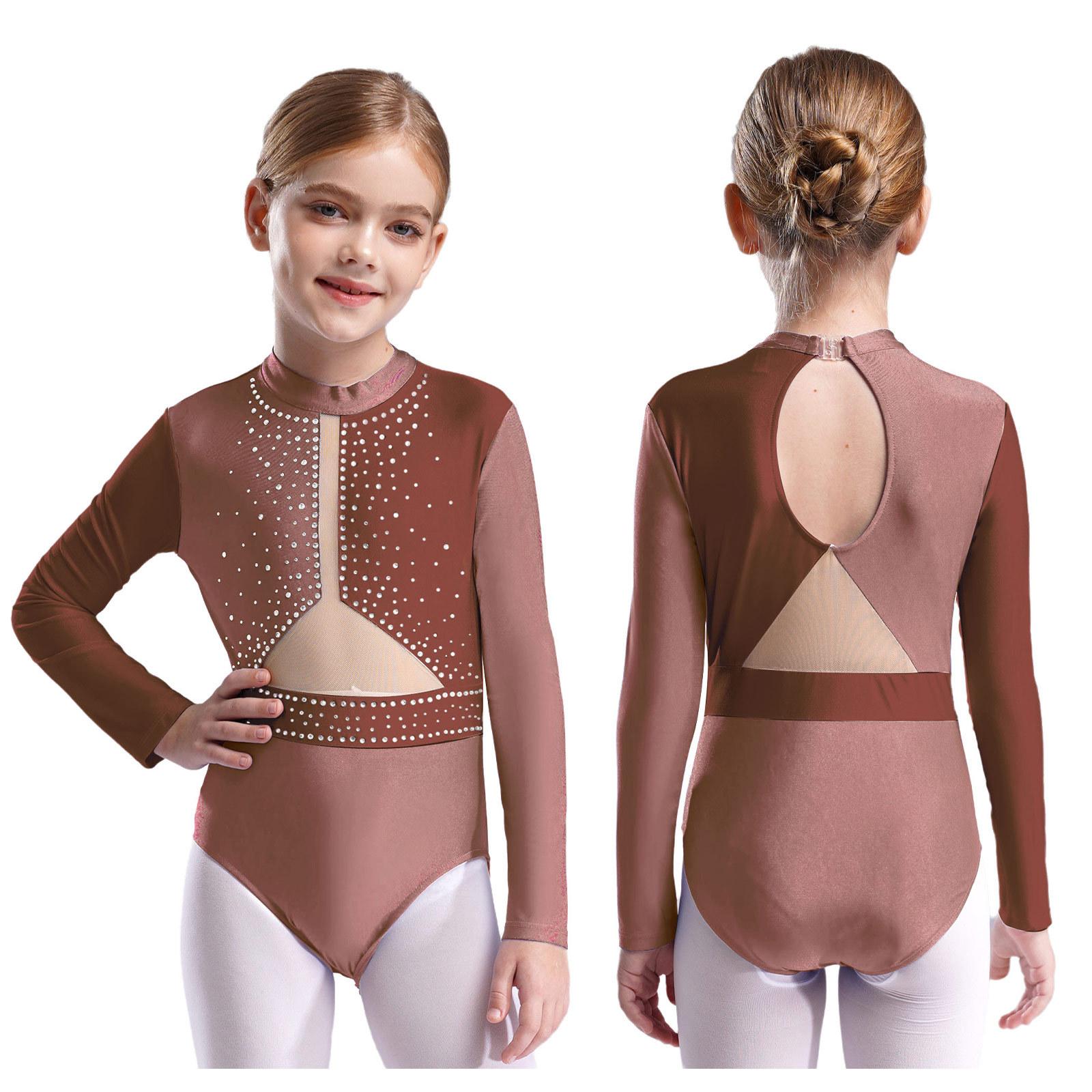 

Трико для гімнастики для дівчаток Фігурне катання Балетні трико Довгі рукави зі стразами Сітчастий комбінезон Танцювальний одяг Боді для джазових танців Костюм для латиноамериканських танців 7-8 Years коричневий