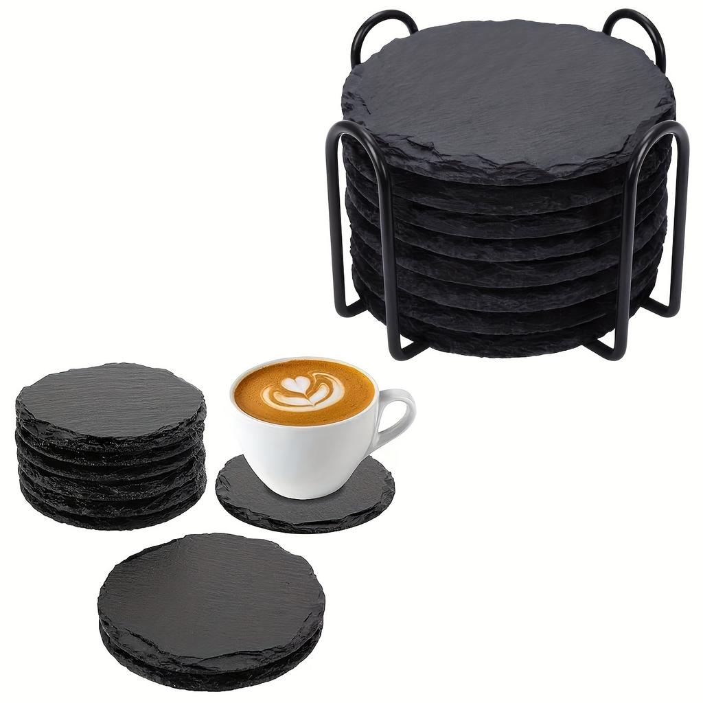 Coasters Black Slate 8pcs Drink Coasters With Metal Holder Stone Coaster Set Coffee Table Decor Tabletop Protection