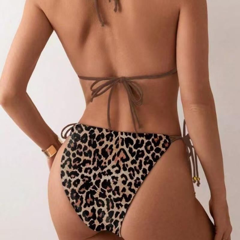 Women S Leopard Print Halter Tie Side Split Bikini Swimsuit