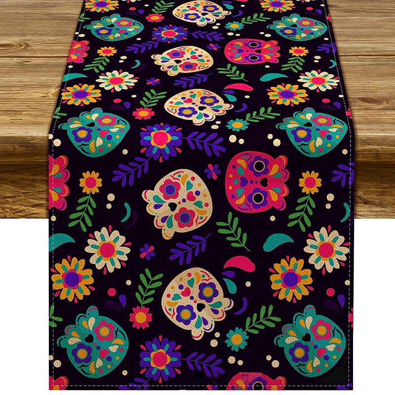 Halloween Table Runners Day of The Dead Party Tablecloth Party Ghost Accessories Floral Skull Ghost Horrible Dining Table Decor