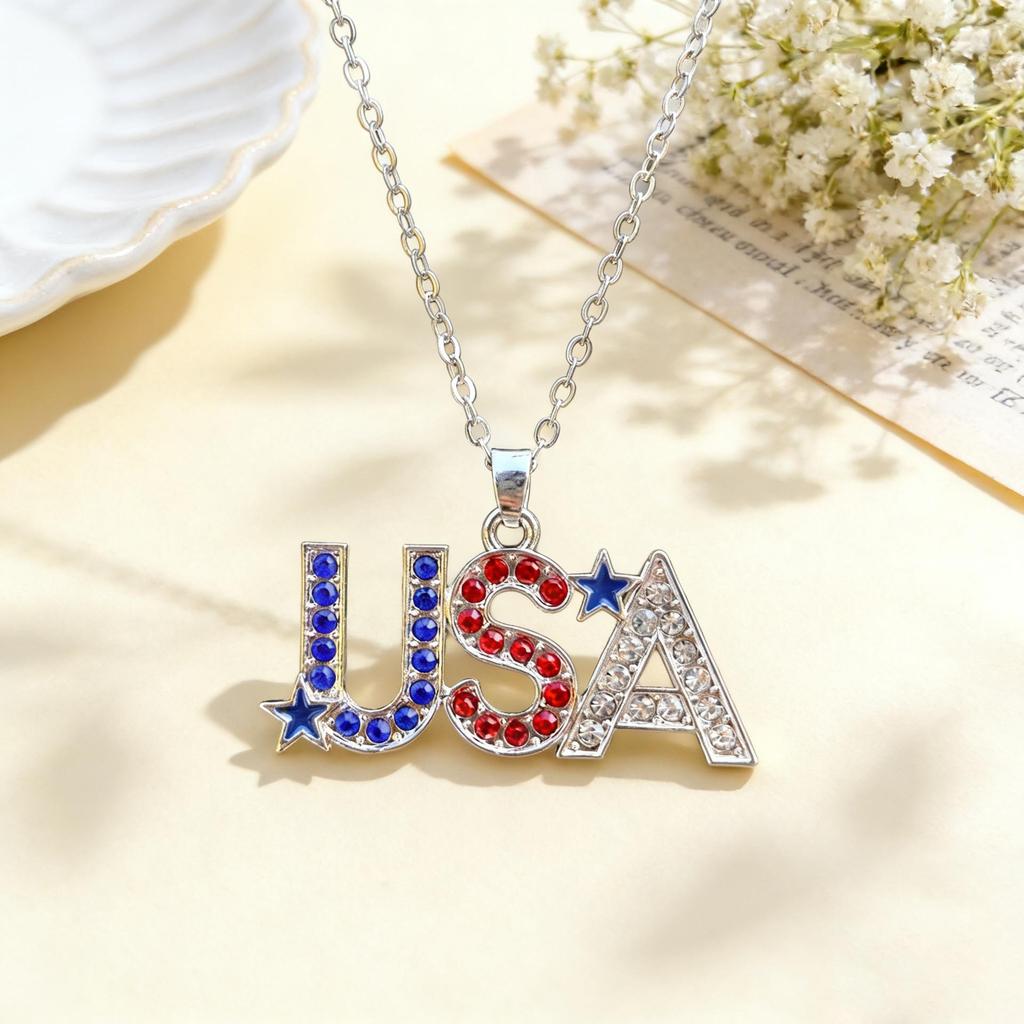 US Independence Day Rhinestone Flag Pendant Necklace - Red, White, Blue