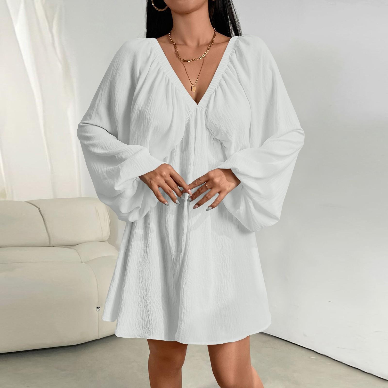 

Женское темпераментное платье с глубоким V-образным вырезом, сексуальное, с длинными рукавами, рукавами-фонариками, однотонное, с большим свободным кроем XL белый