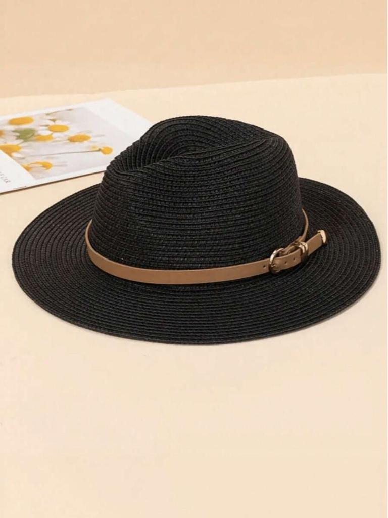 Women Wide Brim Straw Sun Hat With Belt Buckle Beach Summer Hat