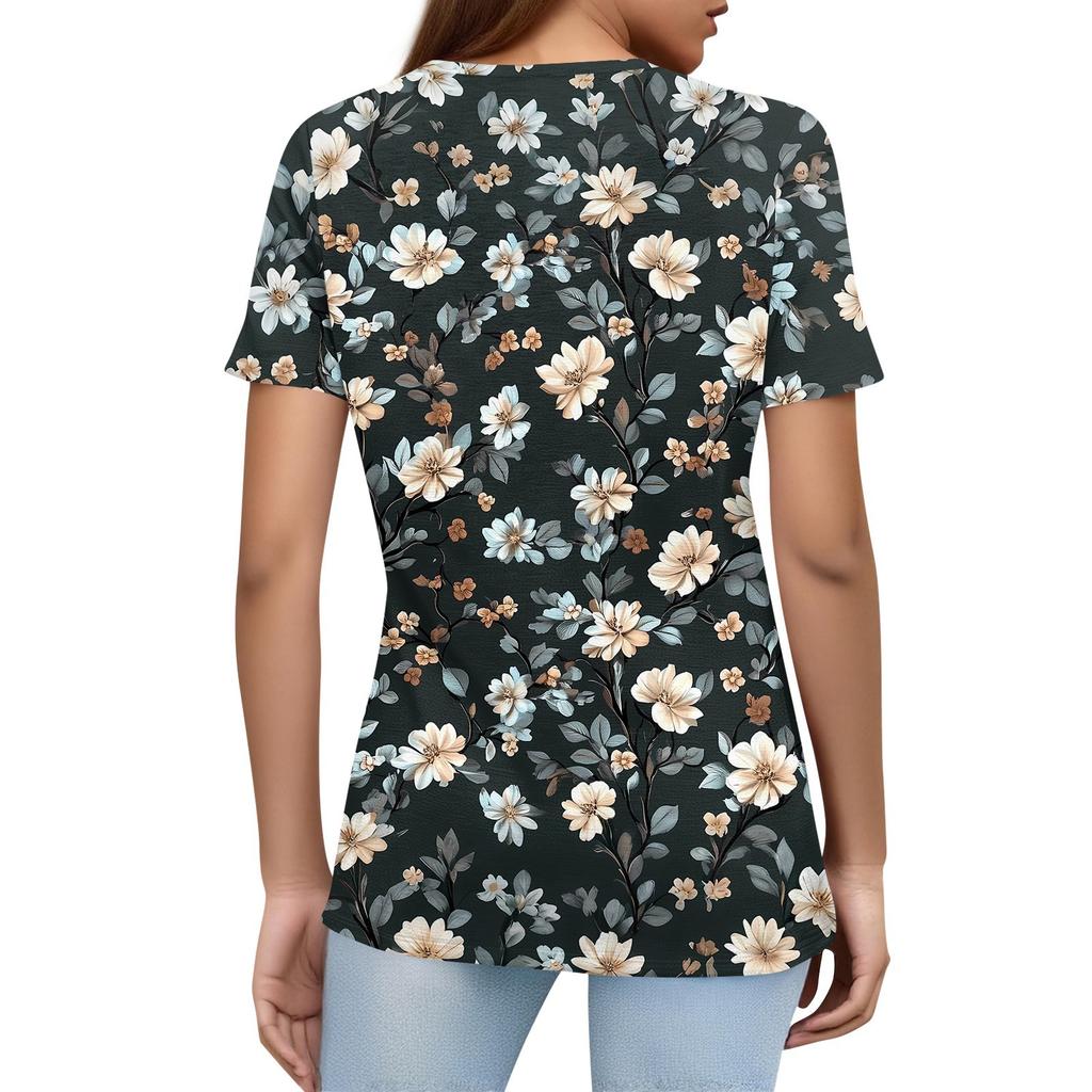 Women's T Shirt Print Button Short Sleeve Daily Weekend Fashion Basic V- Neck Regular Top
