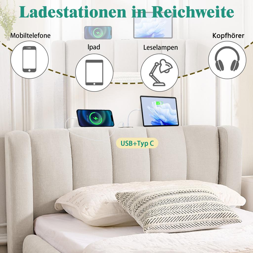 Single Bed 90x200 cm, Side Storage, USB Charging Port, Chenille Fabric, Ergonomic Design, Children's Room, Guest Room, Beige (without Mattress)