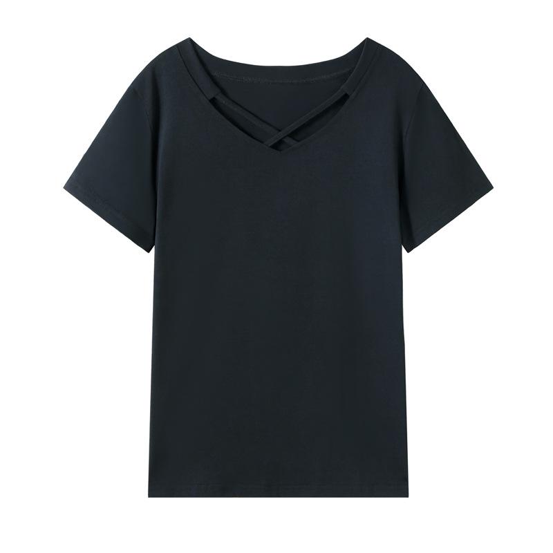 2025 Women's Korean Style V-Neck Short-Sleeve Solid Color T-Shirt