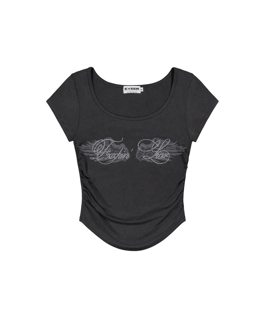 Iwaiial Hotfix Logo Shirring Short Sleeve Top - Charcoal