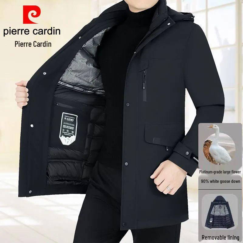 Pierre Cardin Men's Mid-Length Goose Down Jacket with Removable Liner - Thickened, Warm Winter Outerwear.