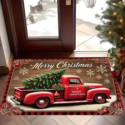 Christmas Day Ambiance Entry Door Mat Vintage Red Truck Christmas Tree Pattern Non Slip Absorbent Carpet Home Decor