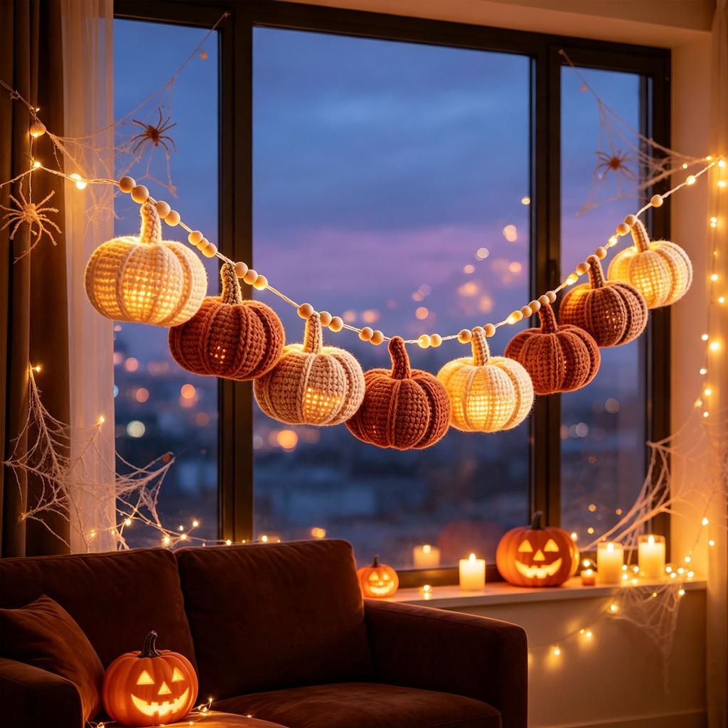 Knitted Pumpkin String Lights, 10ft 20 LED Fall Halloween Garland for Home Party Decor