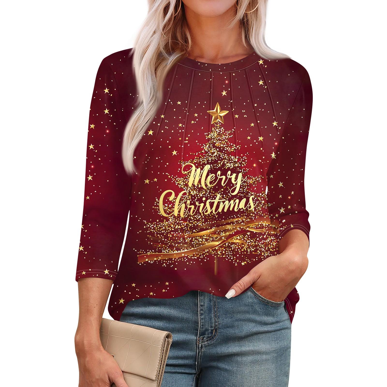 

Женская модная футболка с круглым вырезом и рукавом 3/4 с рождественскими принтами, повседневная базовая плиссированная футболка-пуловер L золотой