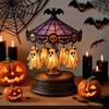 Creepy Halloween Table Light Ghost Carousel Light, Night Gothic Stained Glass Shade Horror Themed with Floating Ghosts/Pumpkins, Spooky Lamp