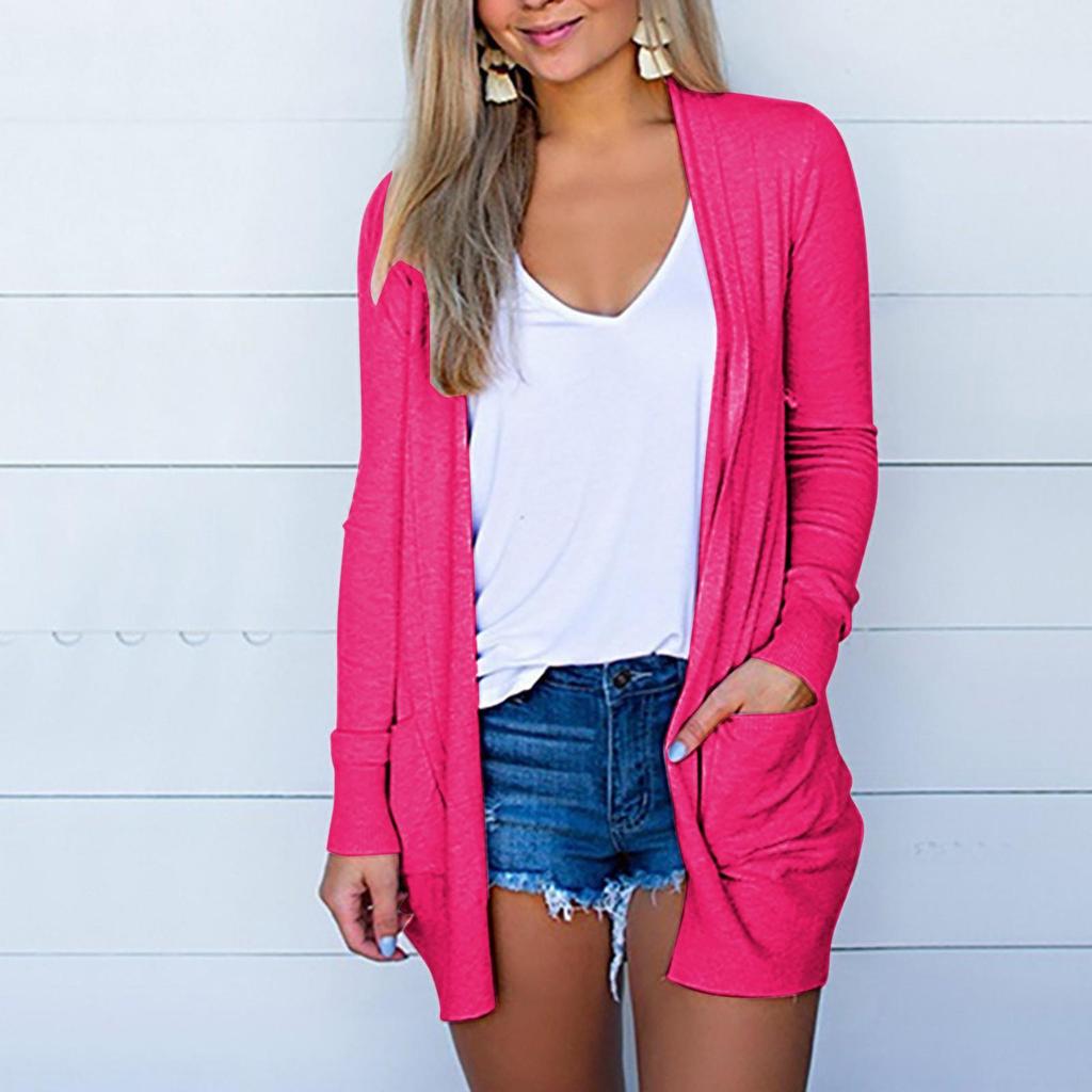 Fashion Women's Solid Colour Tops Long Sleeves With Pockets Cardigan Jacket