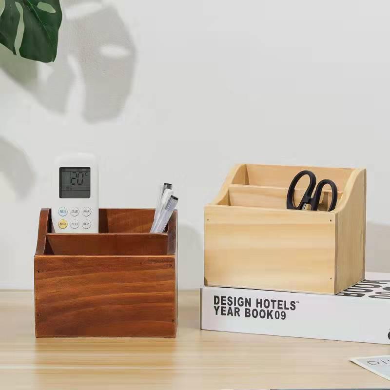 In-Stock Wooden Desktop Storage Box: Two-Compartment Pen Holder & Remote Control Organizer for Office or Living Room.