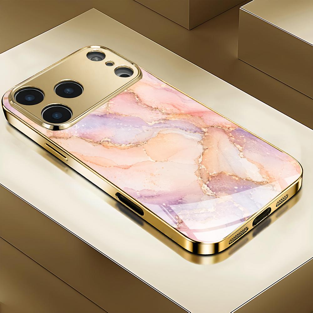 Texture Phone Case Gold Electroplated Tempered Glass For iPhone 16 15 14 13 12 Pro Max Shockproof Silicone Hard Back Cover