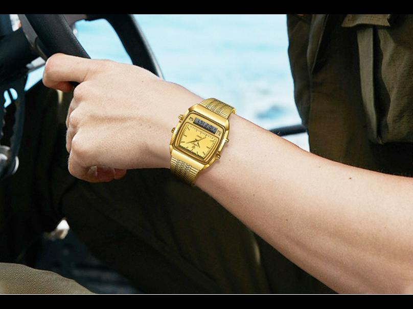 Leibingji Men's Multifunction Quartz Waterproof Sports Watch with Steel Band and Dual Display.