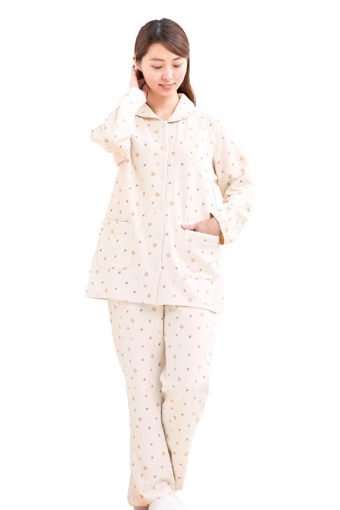 Eye Pajamas with a Crystal Pattern and Cotton Quilted Knit Perfect for 40010 K's Women's Long-Sleeved, Open-Front 100% Fill, Winter, (S, Ivory)