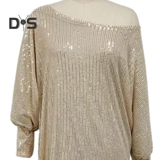 Women Evening Dress Shiny Sequin Slant Neck One Shoulder Three Quarter Sleeve Loose Above Knee Mini Dress Prom Party Dress