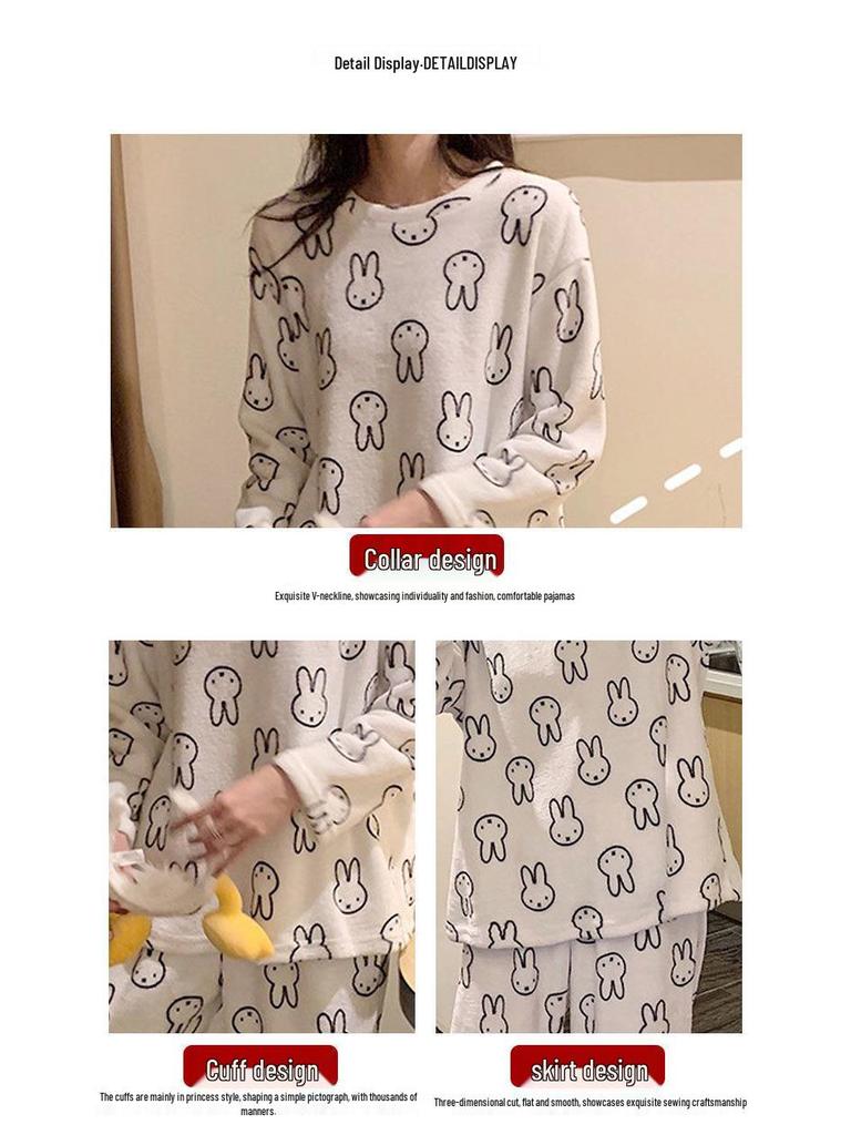 Damen Korallenfleece Cartoon Pyjama Set – Dicke, warme Flanell Hauskleidung für Herbst/Winter