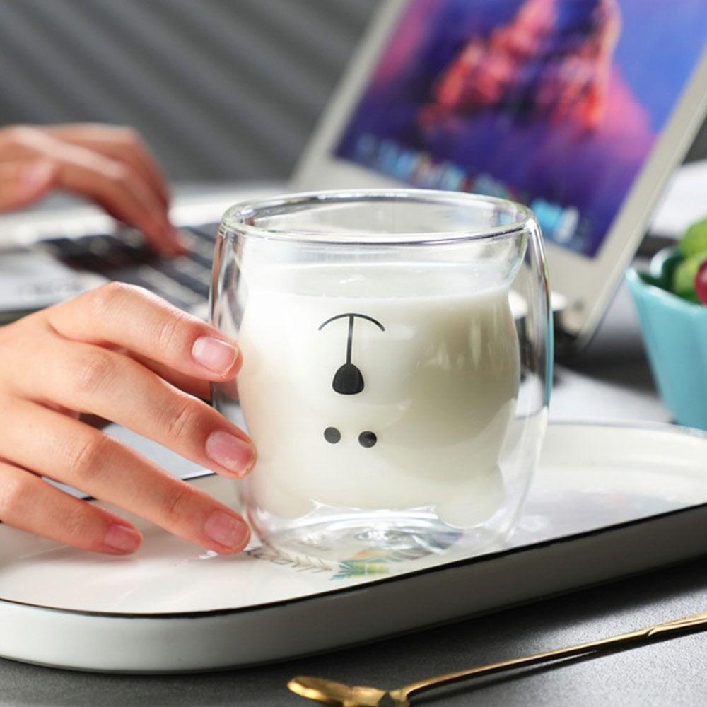 250-300ml Cat Mugs Double Glass Cup Large Capacity Portable Bear Cartoon Coffee Cup Tea Cups with Handle Glass Water Milk Mug