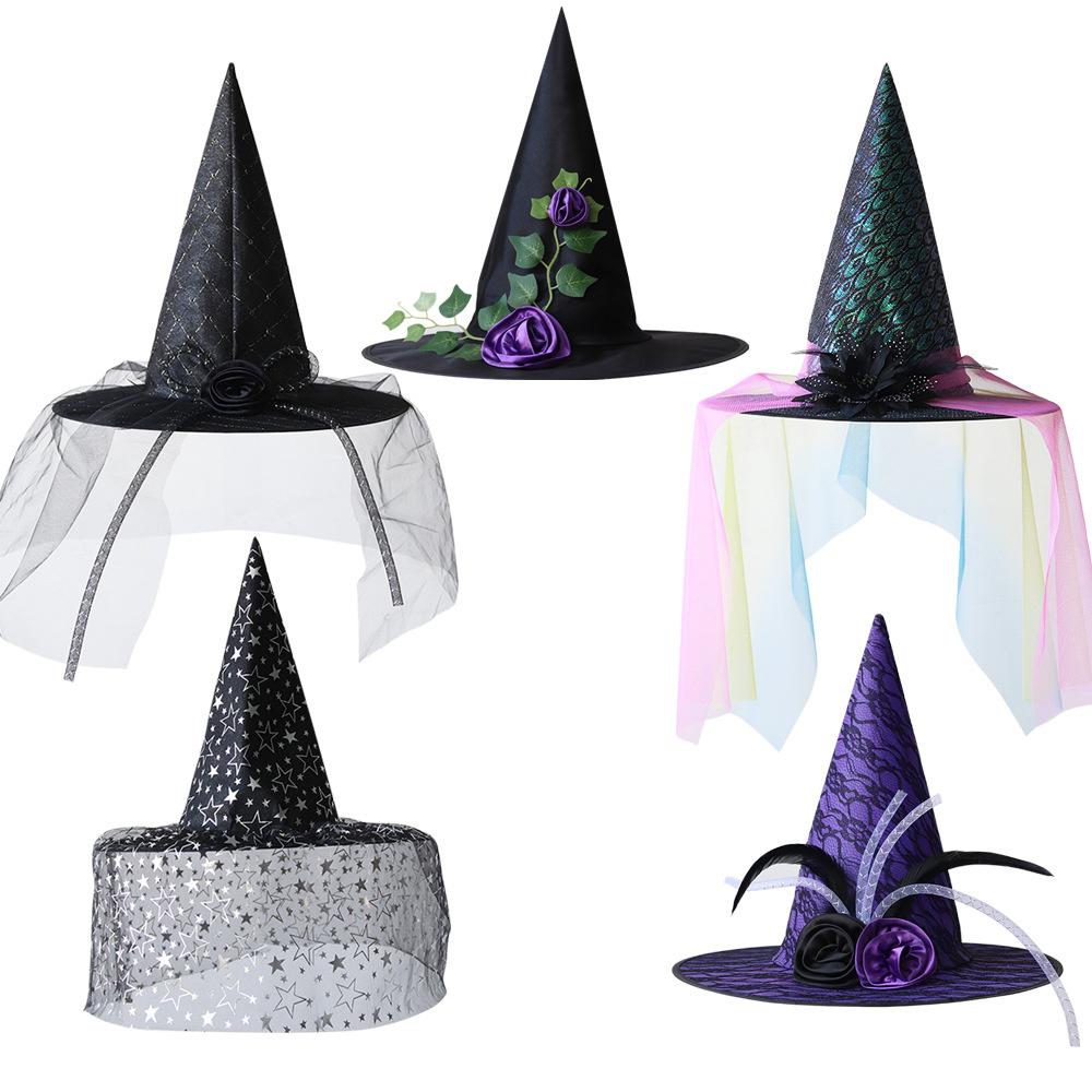 Halloween Witch Hat with Flowers Party Wizard Hats Decoration Props for Adults Children Cosplay Witch Net Gauze Headwear Costume