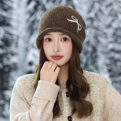 Hat Autumn and Winter Wool Hat Women's New Sweet and Cute Bow Hat Ear Protector Warm Knitted Hat