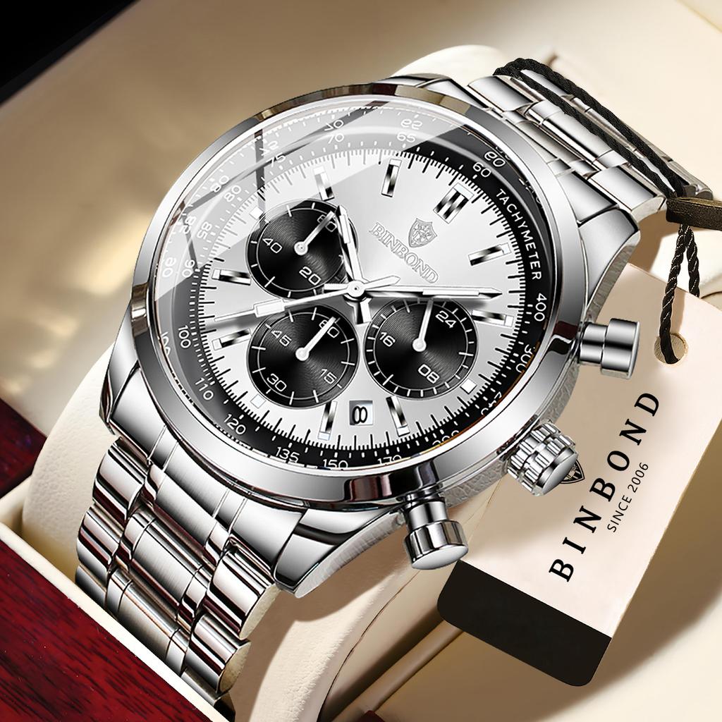 BINBOND Accurate Quartz Watches For Men Luxury Auto Date Chronograph Luminous Waterproof Men's Watch Stainless Steel Reloj