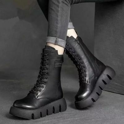 Botas de Cuero para Mujer de Moda Botas Casuales de Algodón de Caña Alta Botas Cálidas de Invierno de Felpa para Mujer Botas de Plataforma Antideslizantes Botas Mujer
