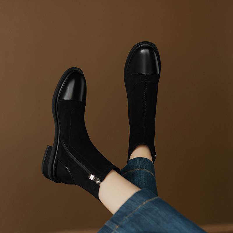 Krazing Po microfiber Flock Winter Round Toe Size 33 Chelsea Boots Size 43 Zipper Fashion Low Heels Stretch Ankle Boots